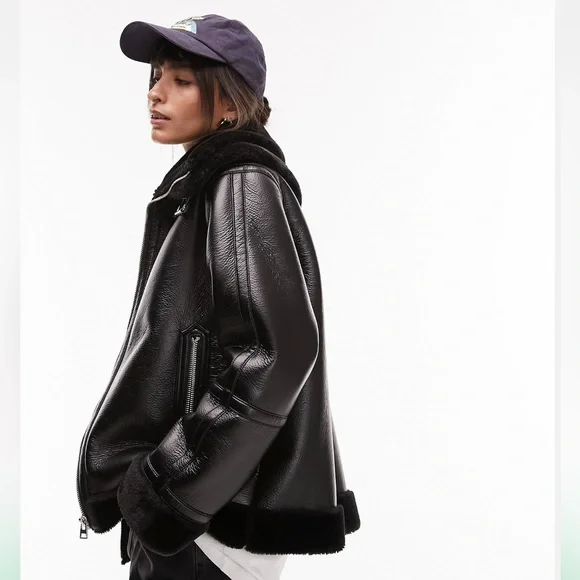 Topshop Faux leather shearling zip front oversize jacket with